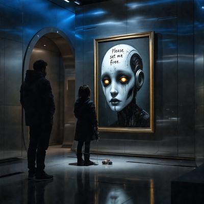 The primary subject of the image is a painting of a robot with a message on it. The setting is a room with a doorway, and the visual style appears to be a combination of a photo and a drawing. The colors in the painting are predominantly black and white, giving it a somewhat eerie and mysterious atmosphere.